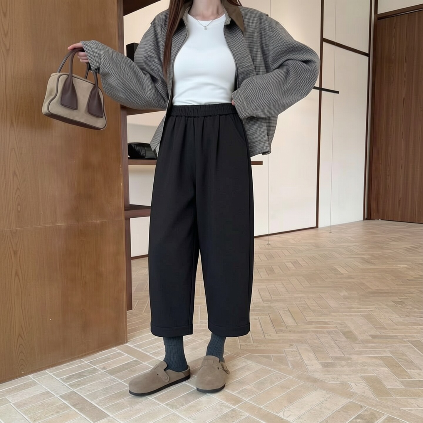 桐桐佳~春季八分休闲奶奶裤女高腰弹力显瘦哈伦裤百搭灯笼裤86125