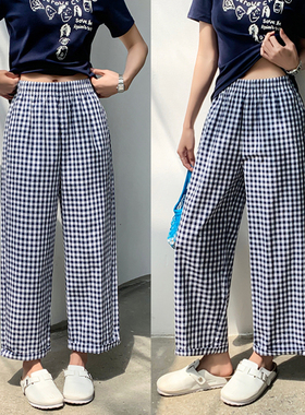 桐桐佳夏款薄料复古蓝白格子直筒裤宽松显瘦九分休闲女裤nv88087