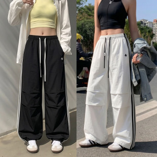 桐桐佳春款薄料运动休闲工装裤女宽松侧边黑白杠阔腿裤卫裤79063