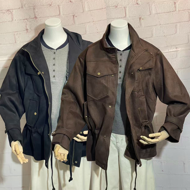 鹿皮绒大码女装立领抽绳长袖上衣