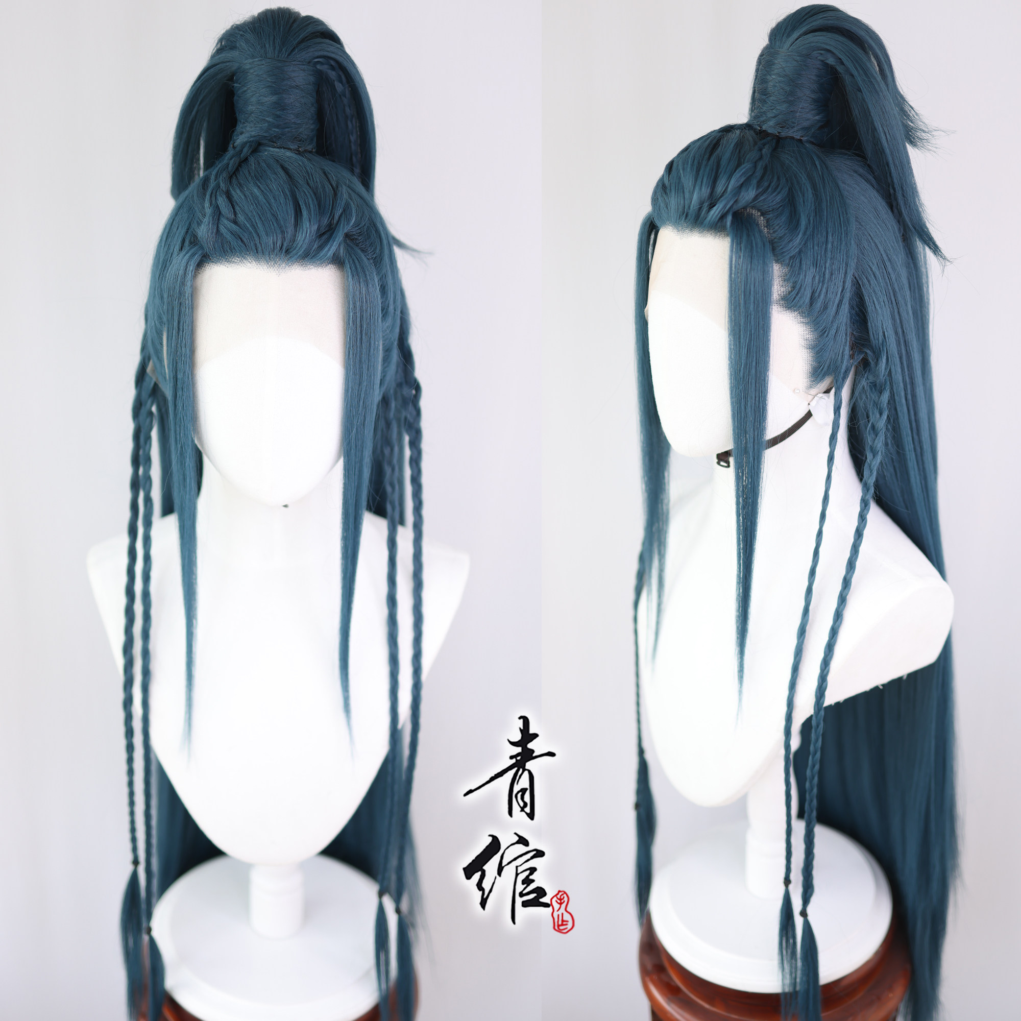 青绾 古风汉服 代号鸢张辽cos三尖手勾一体高马尾蓝绿色假发套