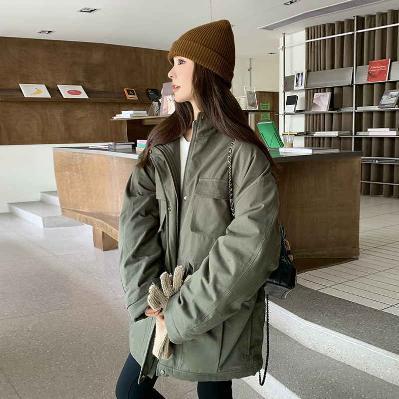 军绿色工装棉服女冬季2024
