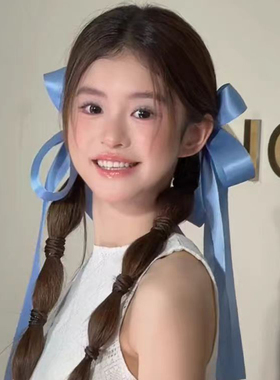 韩系甜美蓝色蝴蝶结飘带发夹女