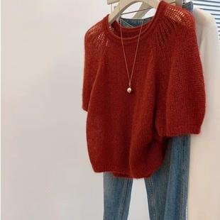 女春夏胖mm宽松显瘦镂空上衣 针织衫 特大码 300斤安可拉红圆领短袖