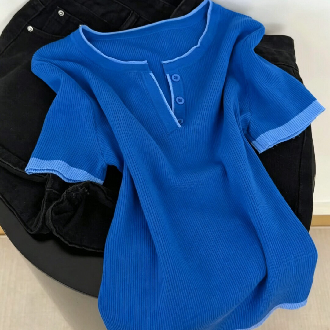 特大码300斤设计感复古克莱因短袖T恤女胖mm夏季薄款宽松针织上衣