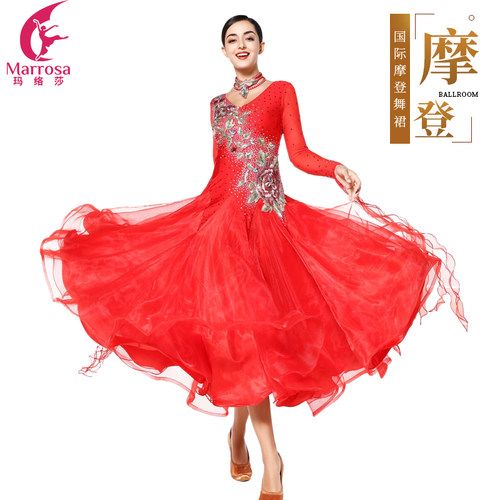 Marrosa新款红色摩登舞蹈比赛大摆连衣裙探戈国标舞比赛演出舞服