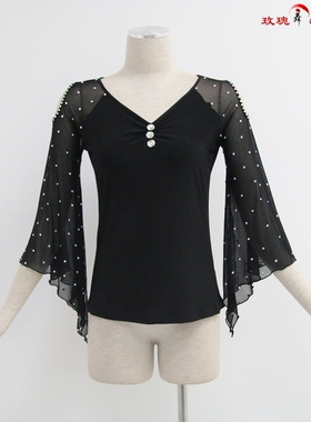 新款春夏广场舞演出服装NSSY1229拉丁舞练习服舞蹈摩登喇叭袖上衣