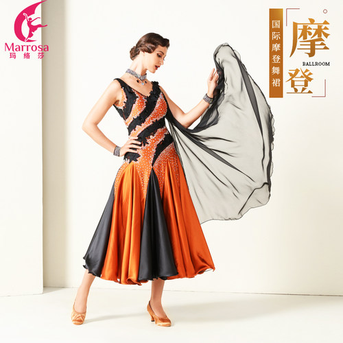 新款摩登舞连衣裙缎面镶钻贴花成人国标交谊舞演出比赛服装