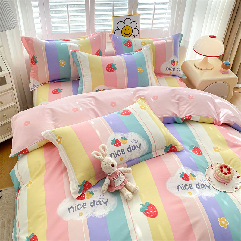 学生宿舍夏全棉四件套单人床笠款印花被套青少年寝室床上用品套件