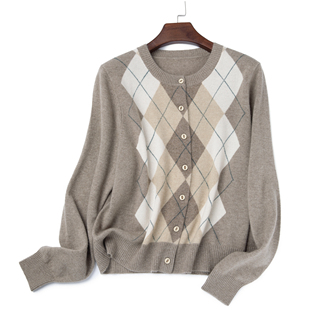 羊绒衫 LEMAER乐玛尔 法单100%CASHMERE谬系提花菱形格子圆领开衫