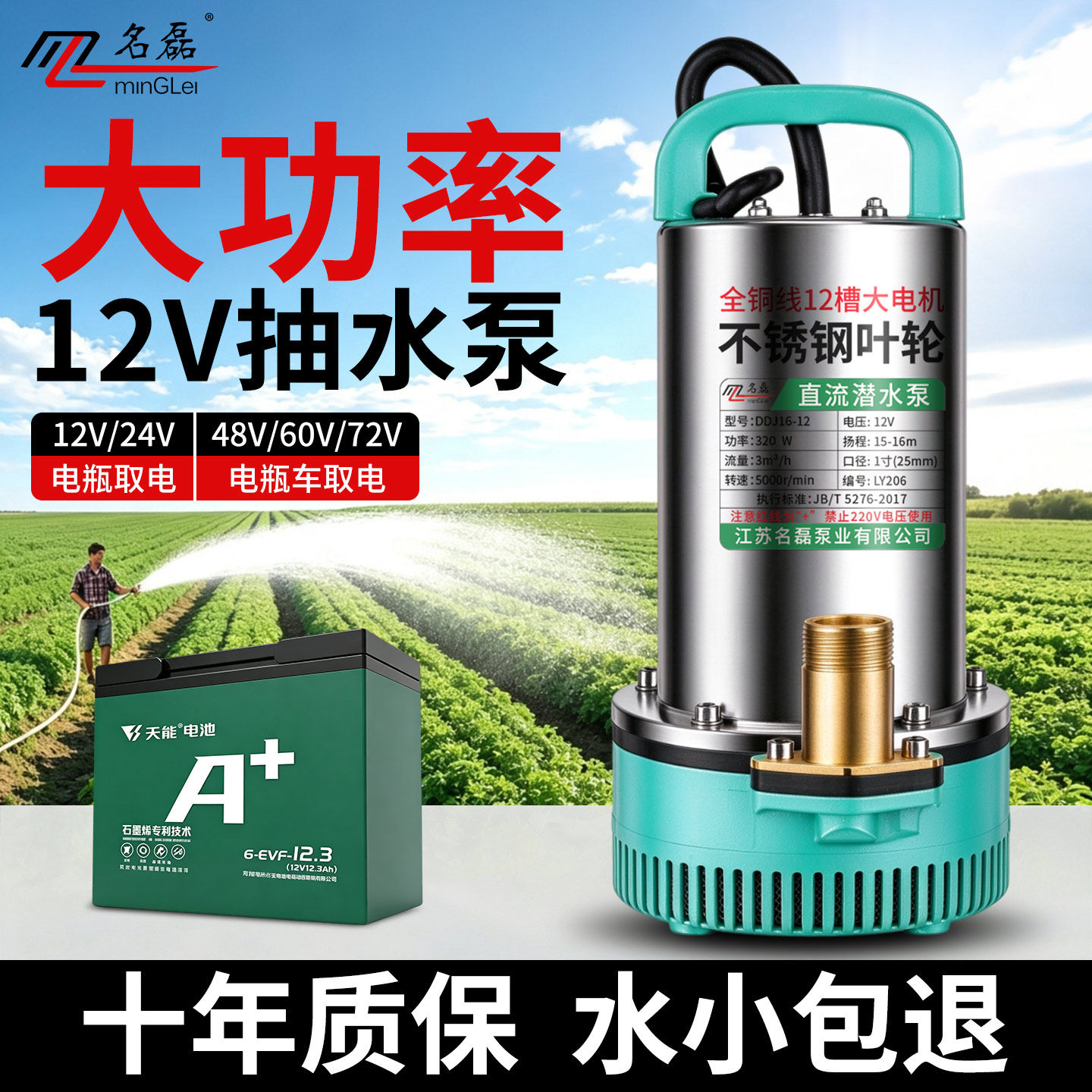 12V抽水泵大功率24伏直流潜水泵48v60v72v电动车电瓶车专用水泵机