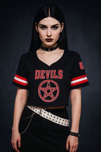 美单摇滚朋克暗黑地下街头v领短袖五芒星666速干拉拉队露脐短T恤