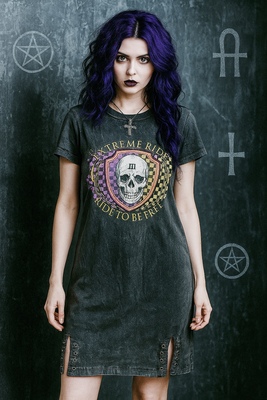 暗黑哥特灰色水洗机车摇滚朋克骷髅辣妹街头T恤连衣裙短袖有大码