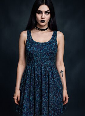 美单蓝色蜜糖骷髅暗黑哥特亚文化交叉带露背高腰弹力摇滚连衣裙
