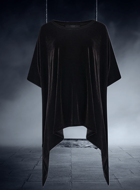 原KS杀星暗黑哥特亚文化黑丝绒不规则衣摆短袖蝙蝠袖街头T恤上衣