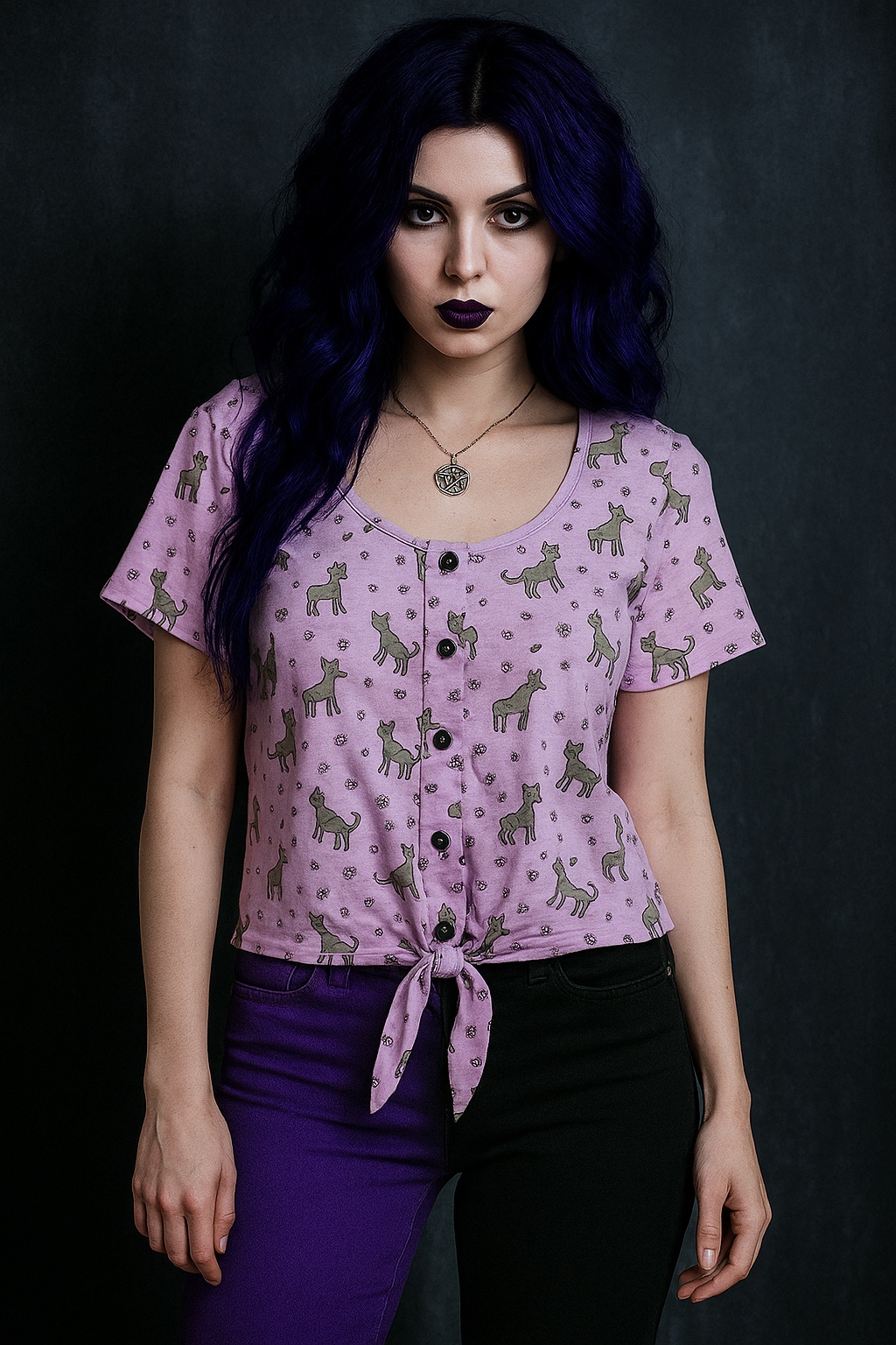 美单复古哥特暗黑粉嫩山羊五芒星系带露腰短款Vintage T恤