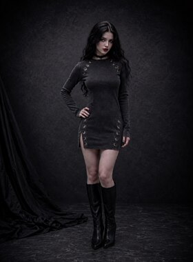外贸原的辣妹摇滚Club夜店修身显身材Y2K金属孔长袖开岔连衣裙短