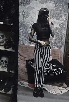 原的B@nned家暗黑哥特个性亚文化街头EMO朋克黑白条纹小脚铅笔裤