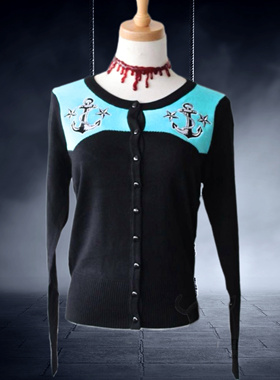 外贸潮牌哥特朋克摇滚rockabilly铁锚pin up鲨鱼复古开衫毛针织衣