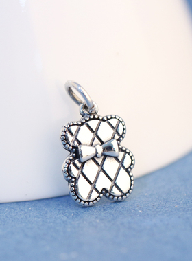 s925银复古格纹蝴蝶结可爱布偶熊