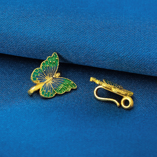 s925纯银珐琅彩镀18K金色蝴蝶压襟挂扣收尾扣珍珠手链项链DIY配件