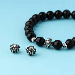 做旧十字架实心银珠子925纯银串珠手链项链DIY配件复古隔珠男士