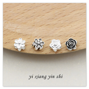 s925纯银配件diy素银饰品小花玫瑰花樱花隔珠红绳手链手工串珠