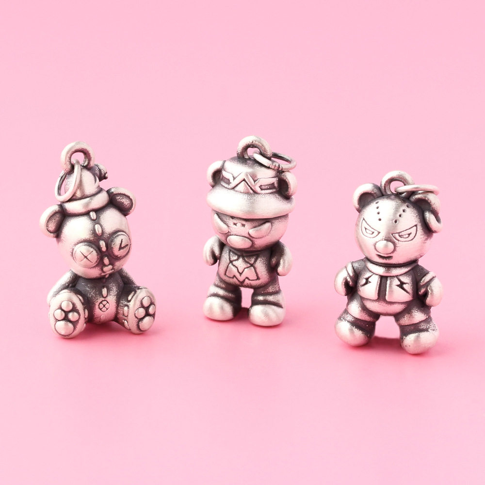 s999足银3d硬银个性复古哑光捣蛋熊暴力熊吊坠手链项链挂件银配件
