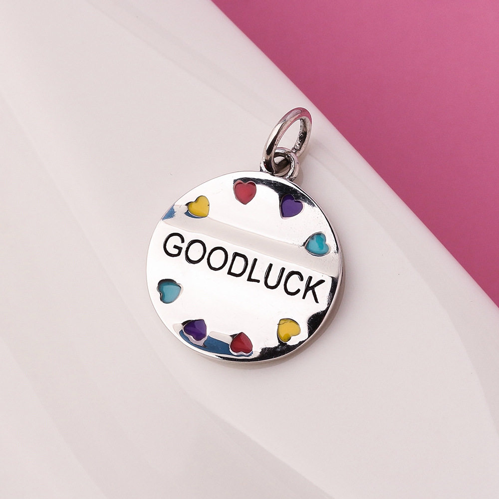 goodluck彩虹桃心圆牌吊坠s925银光面彩色心形好运牌手链项链挂件