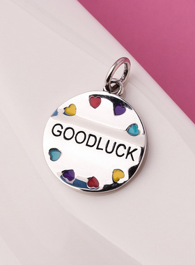 goodluck彩虹桃心圆牌吊坠s925银光面彩色心形好运牌手链项链挂件