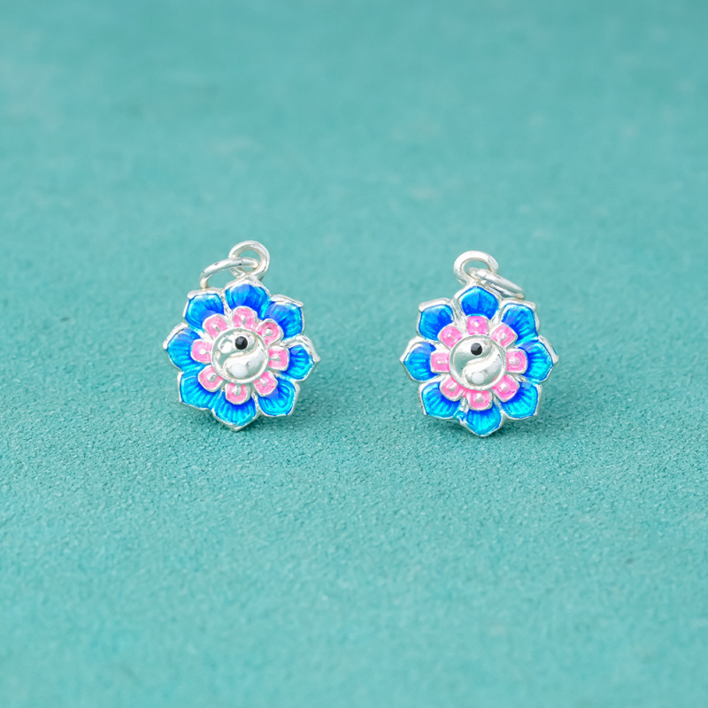 新款足银999烧蓝实心国风太极莲