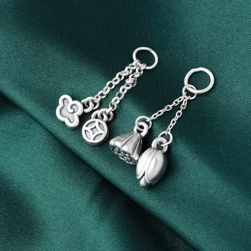 s999足银复古铜钱祥云并蒂莲流苏吊坠挂饰手绳手链项链diy配件