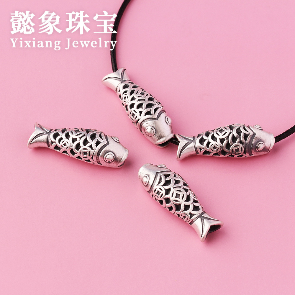 镂空铜钱鱼管 s999足银3d硬银复古小鱼路路通皮绳饰品配件银配饰