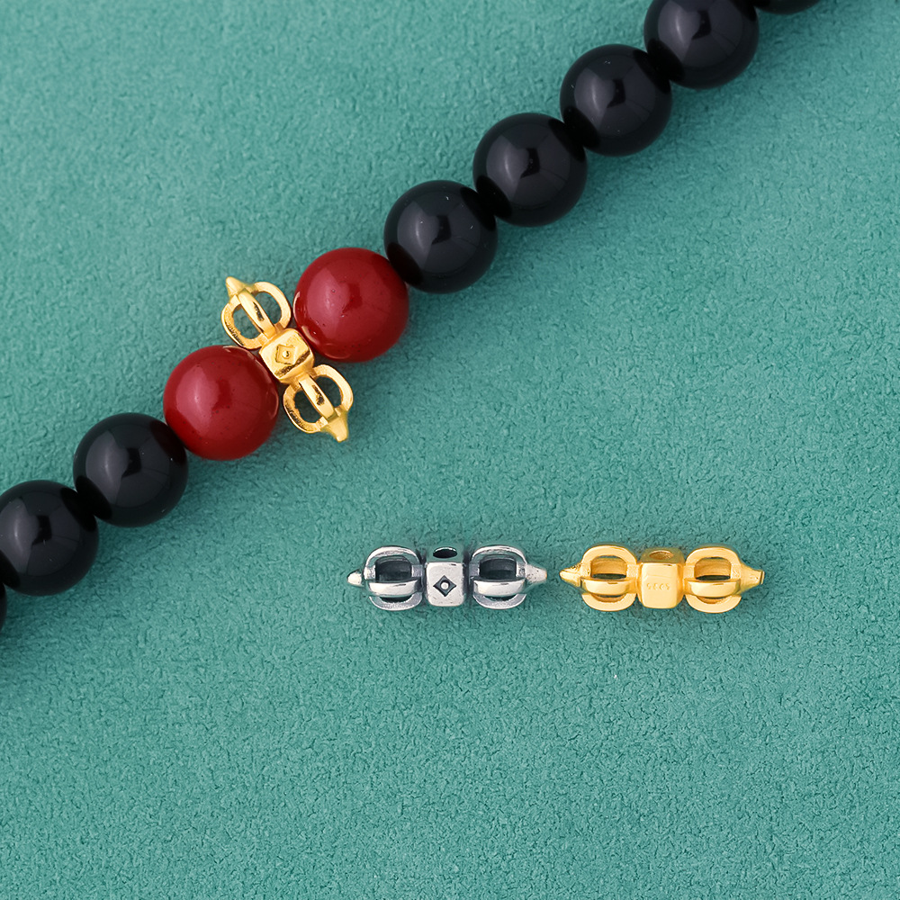 925银做旧金刚杵迷你实心纯银藏式金色小背云diy文玩手串卡子隔珠