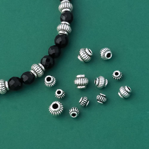 s925纯银复古做旧4mm5mm6mm灯笼珠隔珠diy串珠编绳水晶手链配件