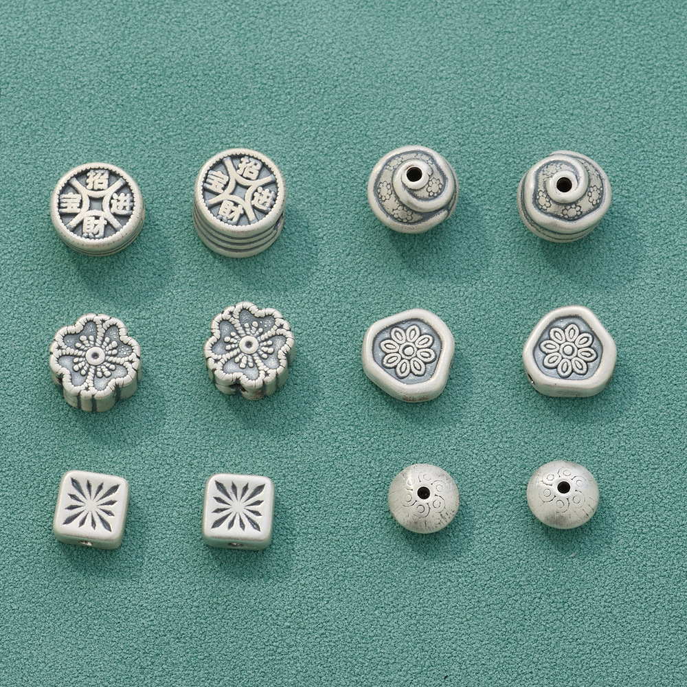 s999足银复古中国风铜钱小花祥云扁珠银珠diy文玩手串隔珠银配件