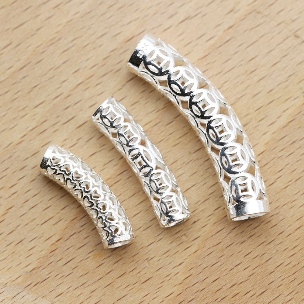 纯银镂空爱心铜钱弯管S925纯银