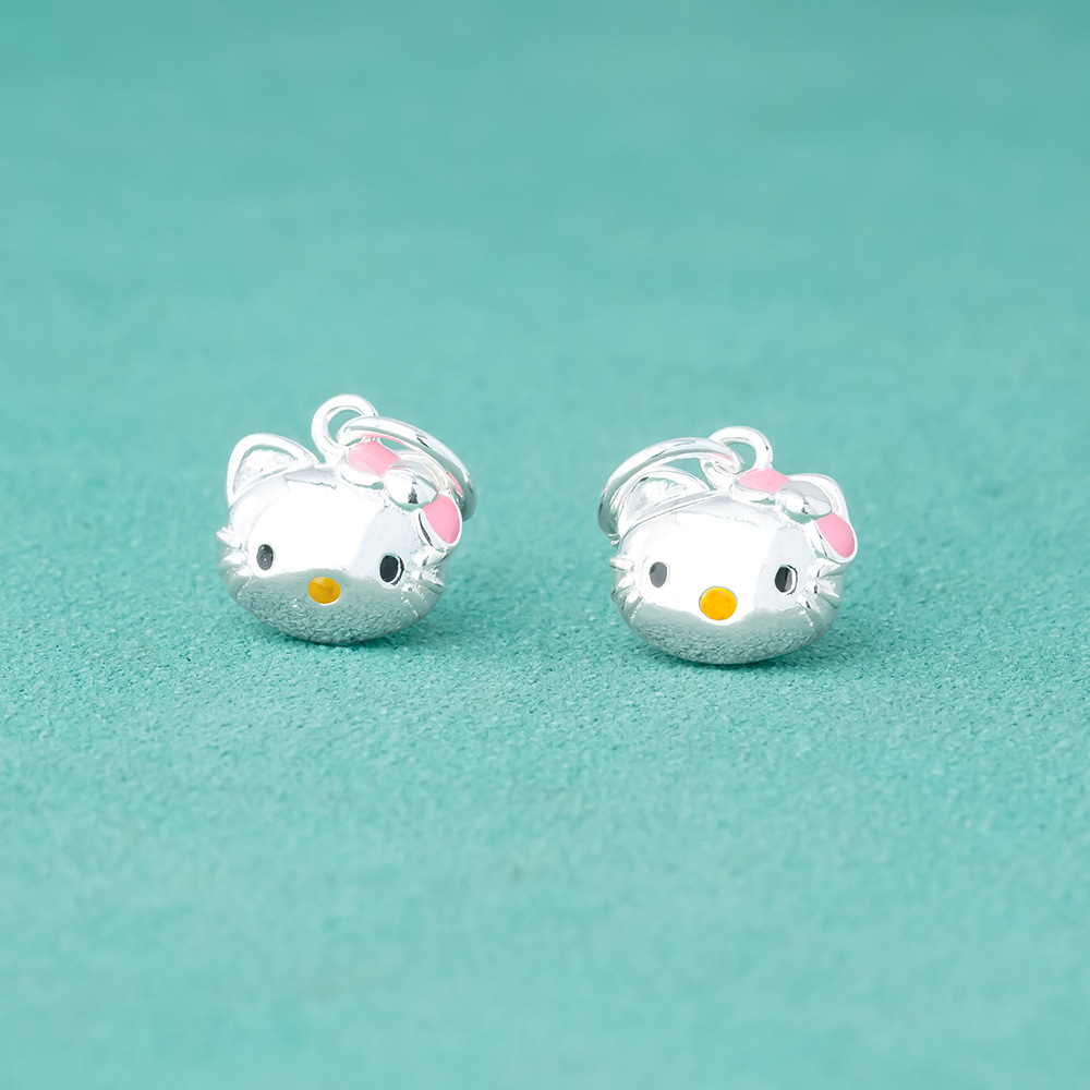 s925纯银亮面滴胶卡通kitty猫吊坠可爱凯蒂猫挂件diy手链银配件