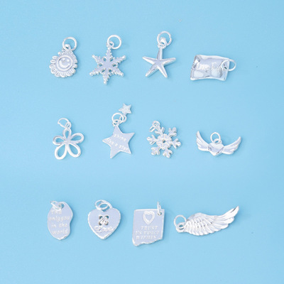 s925纯银素银心形天使之翼海星雪花字母牌diy串珠编绳手链银配件