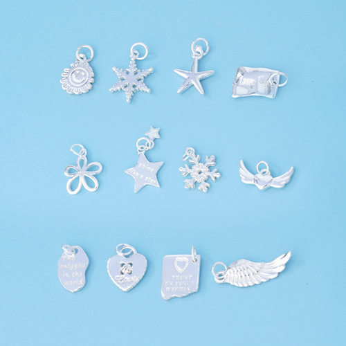 s925纯银素银心形天使之翼海星雪花字母牌diy串珠编绳手链银配件