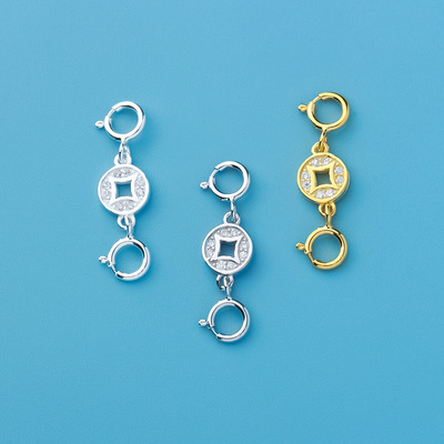 s925纯银加厚铜钱双扣带石闪高档延长扣手工DIY手链项链饰品配件