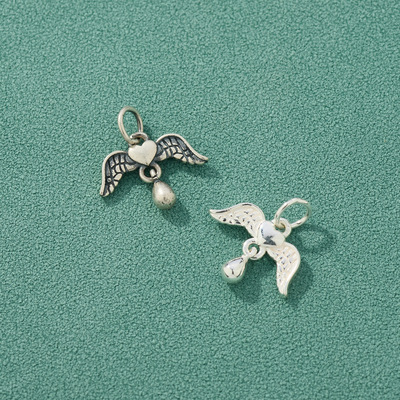 带珠流苏挂件爱心天使翅膀吊坠S925纯银DIY手工配件水晶手链坠子