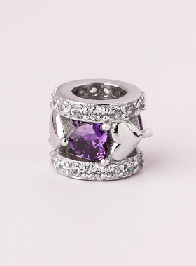 s925纯银大孔爱心隔珠紫色锆石韩版配件项链手链银饰配件材料