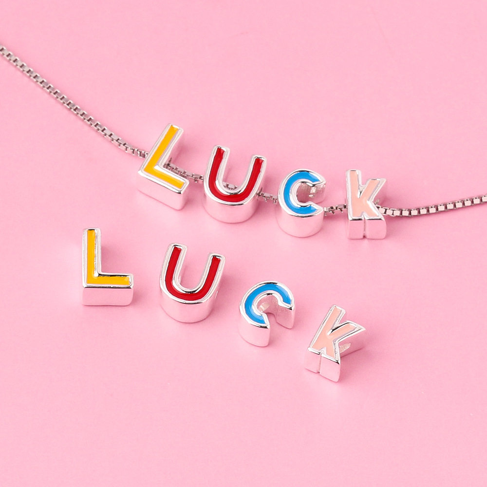 滴胶彩色luck隔珠配件s925银滴油好运英文字母银隔珠diy手链配饰