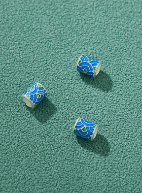 s999足银新中式烧蓝烤漆蓝色新中式祥云4mm隔珠小银珠diy串珠编绳