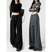设计感慵懒宽松直筒垂感休闲裤 女2025新款 子 裤 灰色褶皱阔腿西装