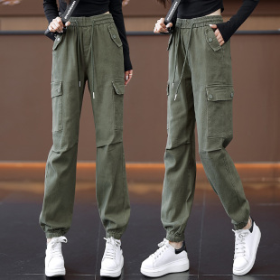 高腰束脚裤 裤 2026春秋款 新品 休闲裤 百搭酷飒风女裤 子女军绿色工装