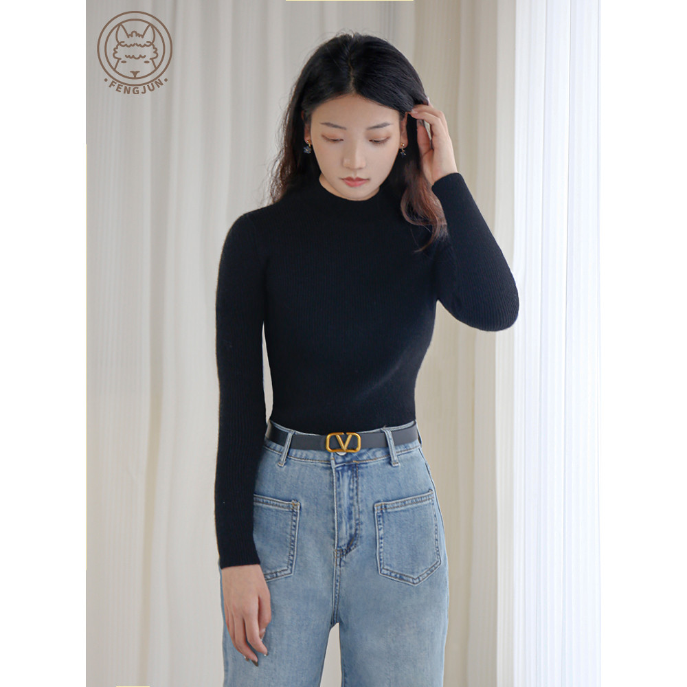 2025冬季螺纹加厚特厚纯色圆领女修身显瘦内搭打底100%纯羊绒毛衣