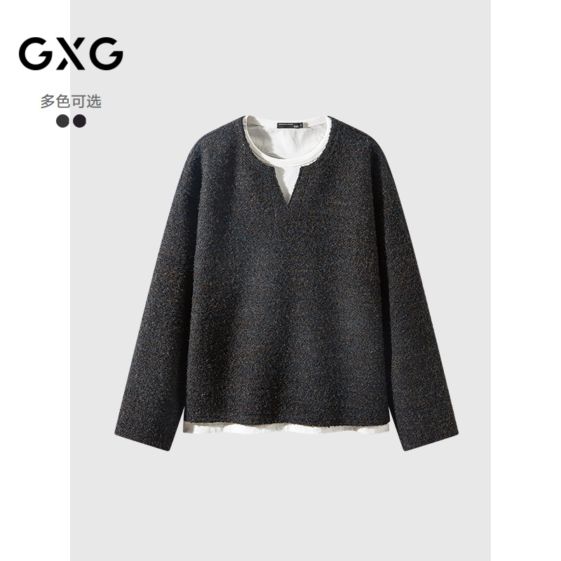 GXG男装 羊毛混纺假两件长袖针织V领通勤毛衣25年春#G25D313090