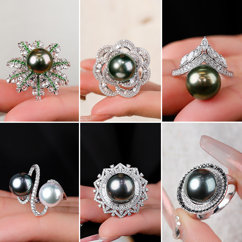 定制款大溪地黑珍珠戒指18K金钻石重工设计款海水珍珠